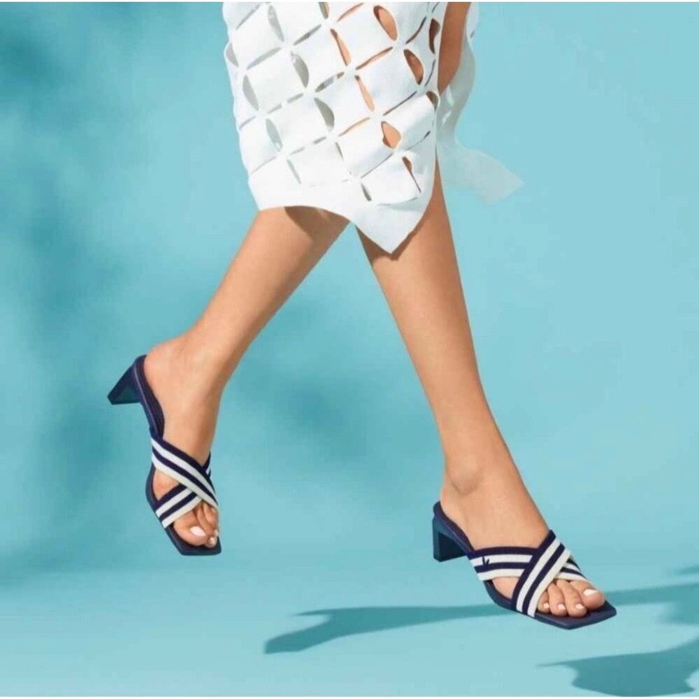 VIVAIA Jennifer Navy Stripe Block Heel Sandals Square Toe Strappy Heels US/10.5